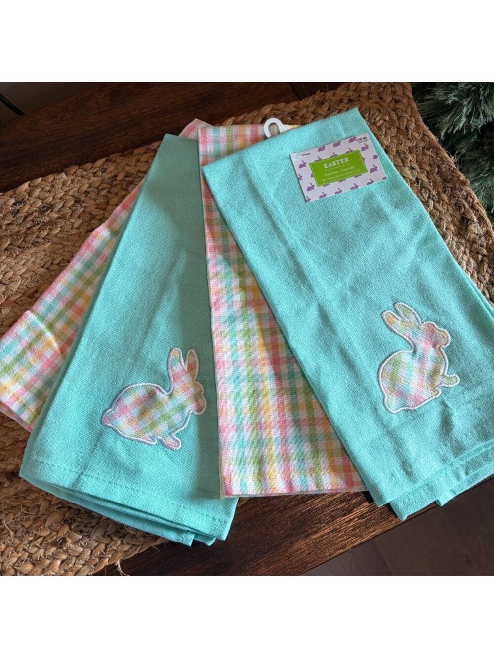 New Set of 4 Spring Easter Kitchen Towels Teal Aqua Plaid Bunny Rabbit Embroider